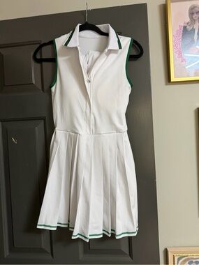 Women's White Tennis Dress with Green Trim